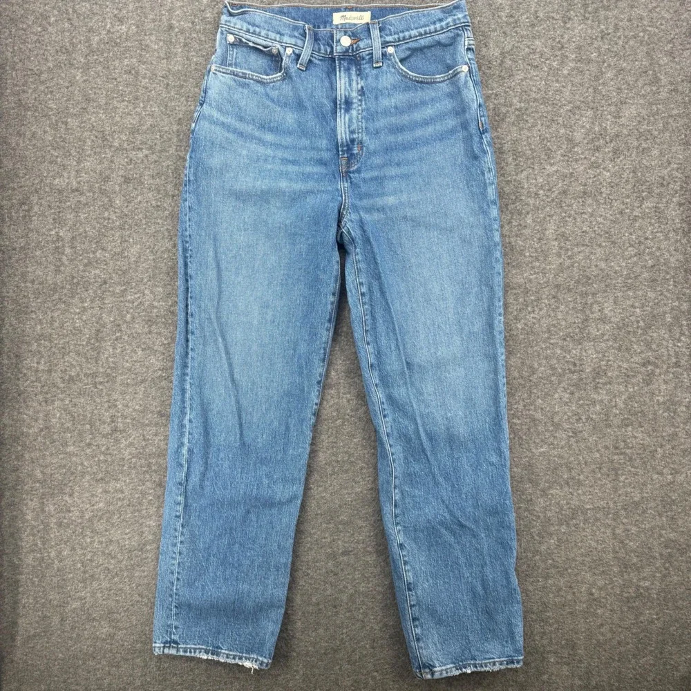 Madewell Womens High Rise Straight Leg Jeans Medium Wash Blue Distressed Hem